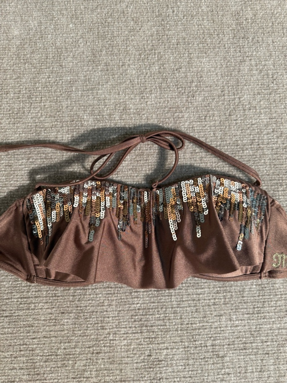 Miss Me Brown Bronze Sequined Bandeau Bikini Set Y2K Glam Swimwear – Small - Picture 5 of 10